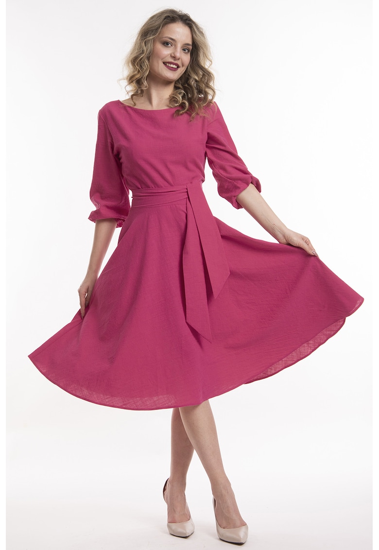 Rochie midi de in cu cordon - Fucsia
