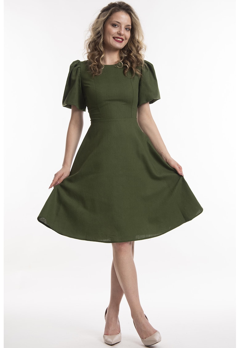 Rochie evazata de in cu maneci scurte - Verde masliniu inchis