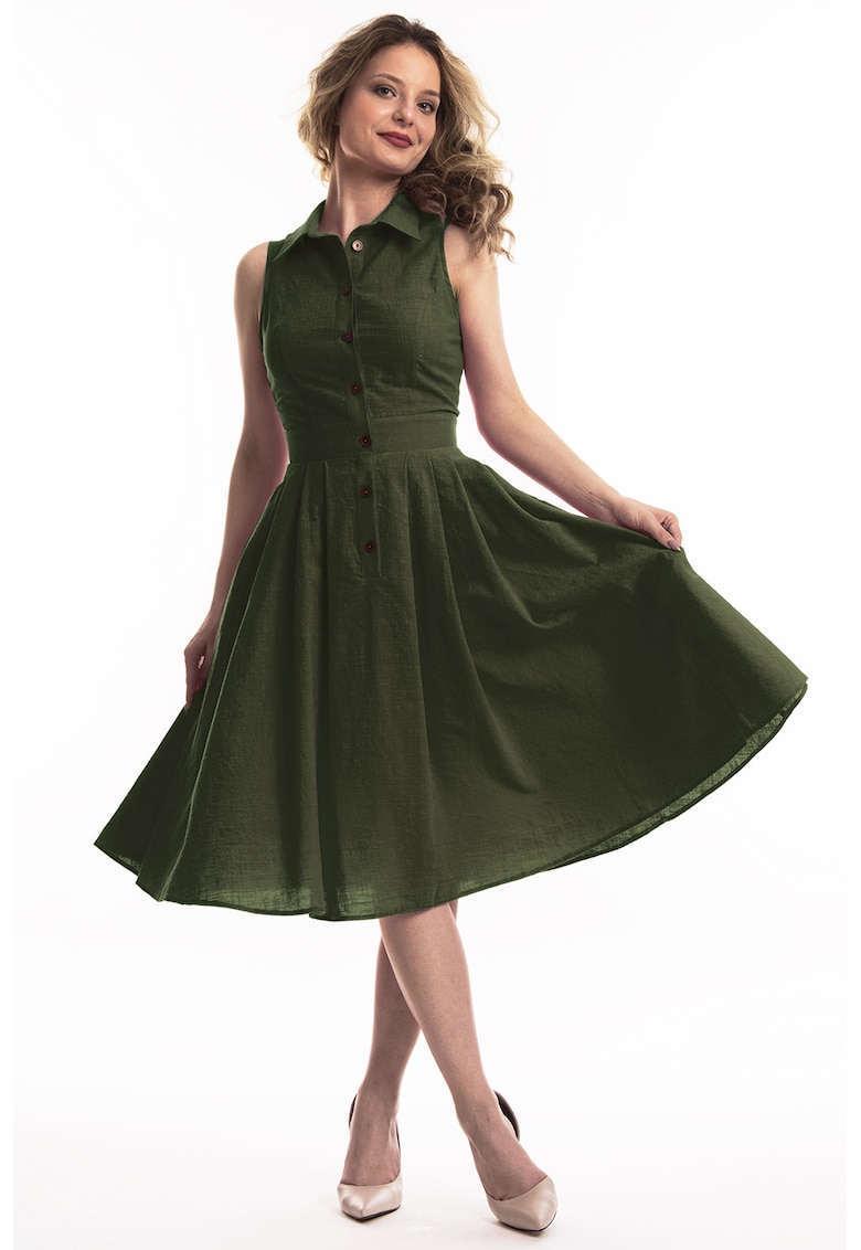 Rochie midi de in cu croiala evazata Valeria - Kaki inchis