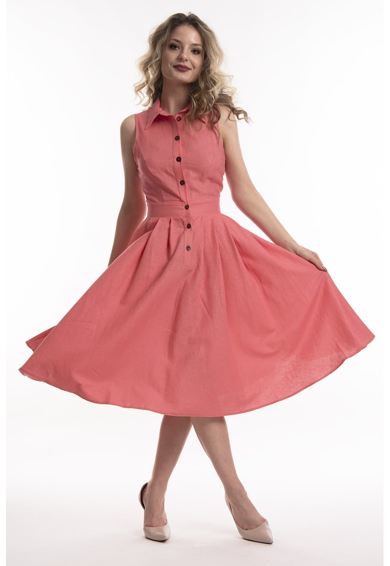 Rochie midi de in cu croiala evazata Valeria - Rosu deschis