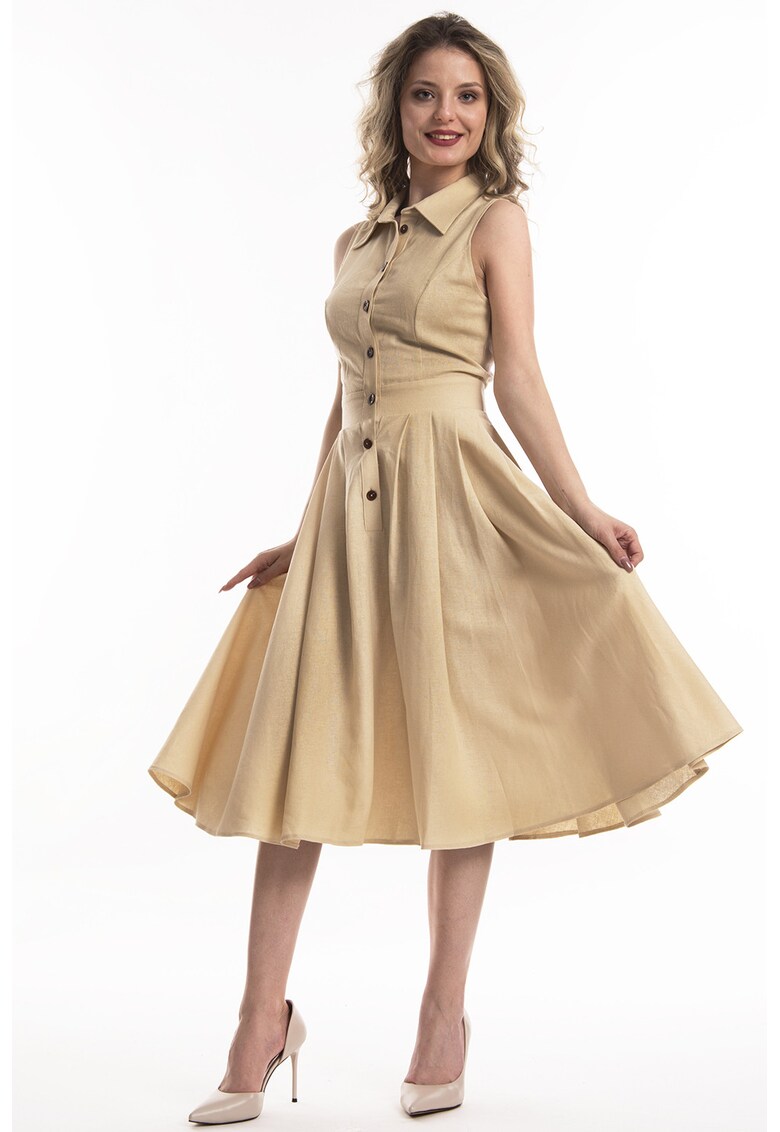 Rochie midi de in cu croiala evazata Valeria - Bej inchis