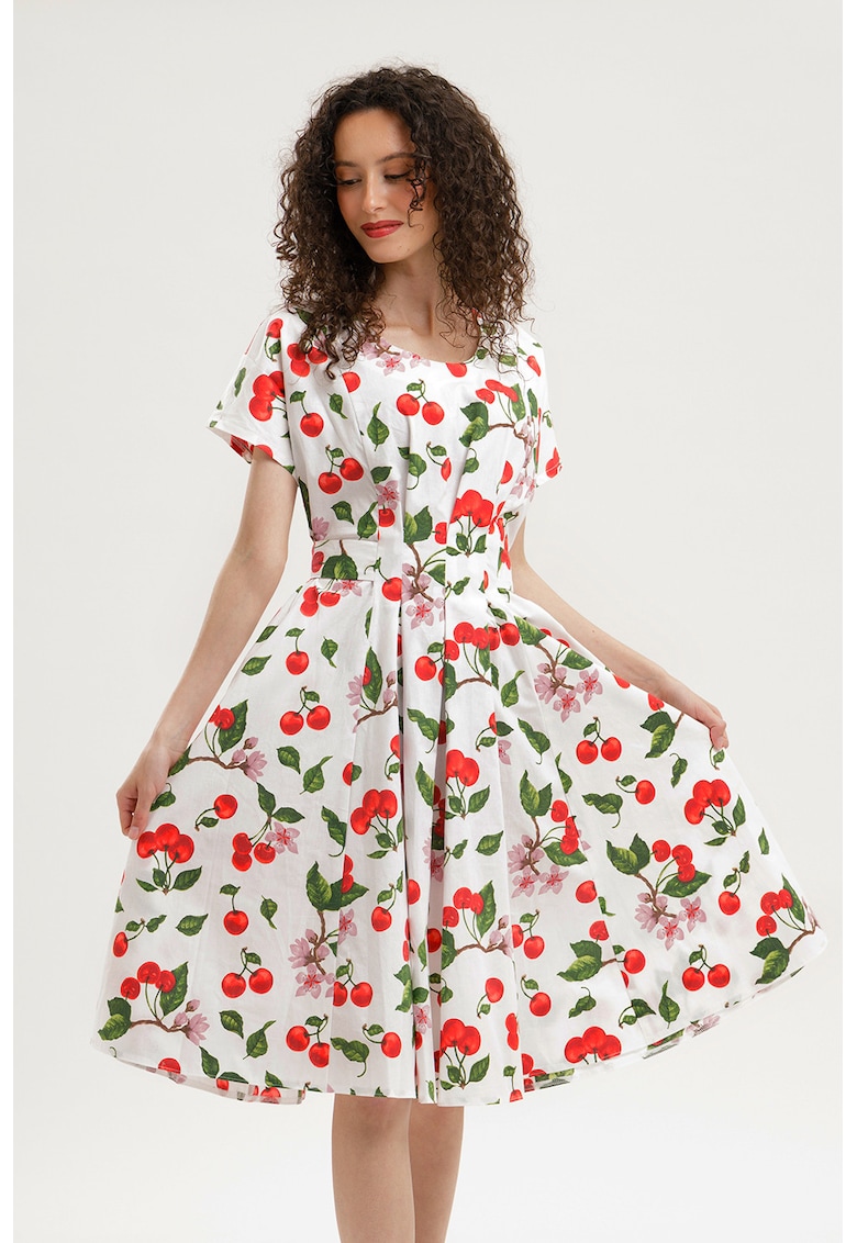 Rochie midi evazata cu detaliu innodat pe spate - Rosu/Alb/Verde masliniu inchis