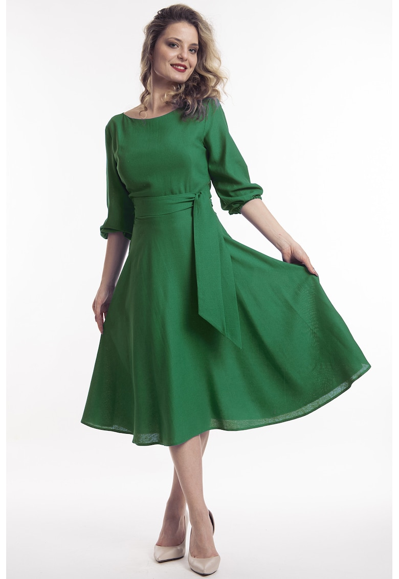 Rochie midi de in cu cordon - Verde indian