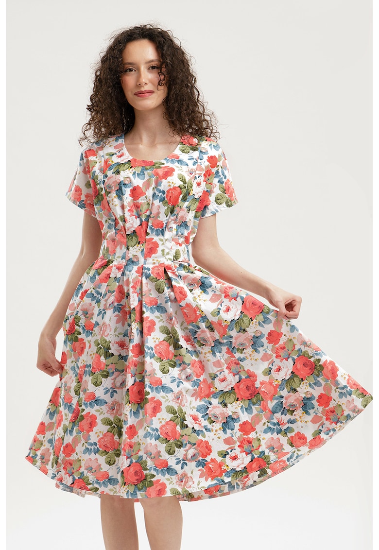 Rochie midi evazata cu detaliu innodat pe spate - Rosu deschis/Albastru stins