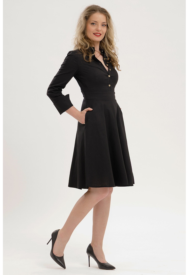 Rochie evazata cu fenta cu nasturi - Negru stins