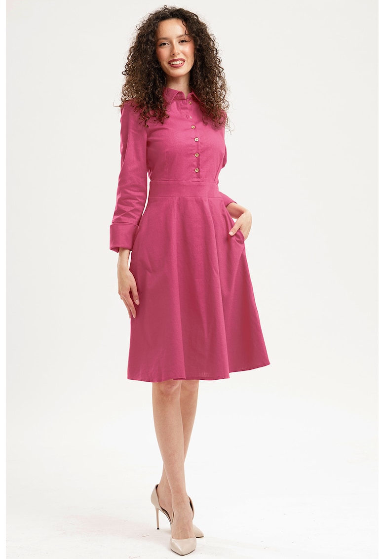 Rochie evazata cu fenta cu nasturi - Fucsia