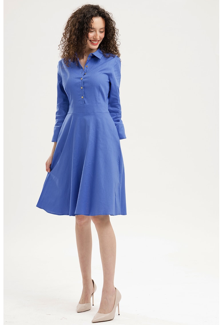 Rochie evazata cu fenta cu nasturi - Albastru safir