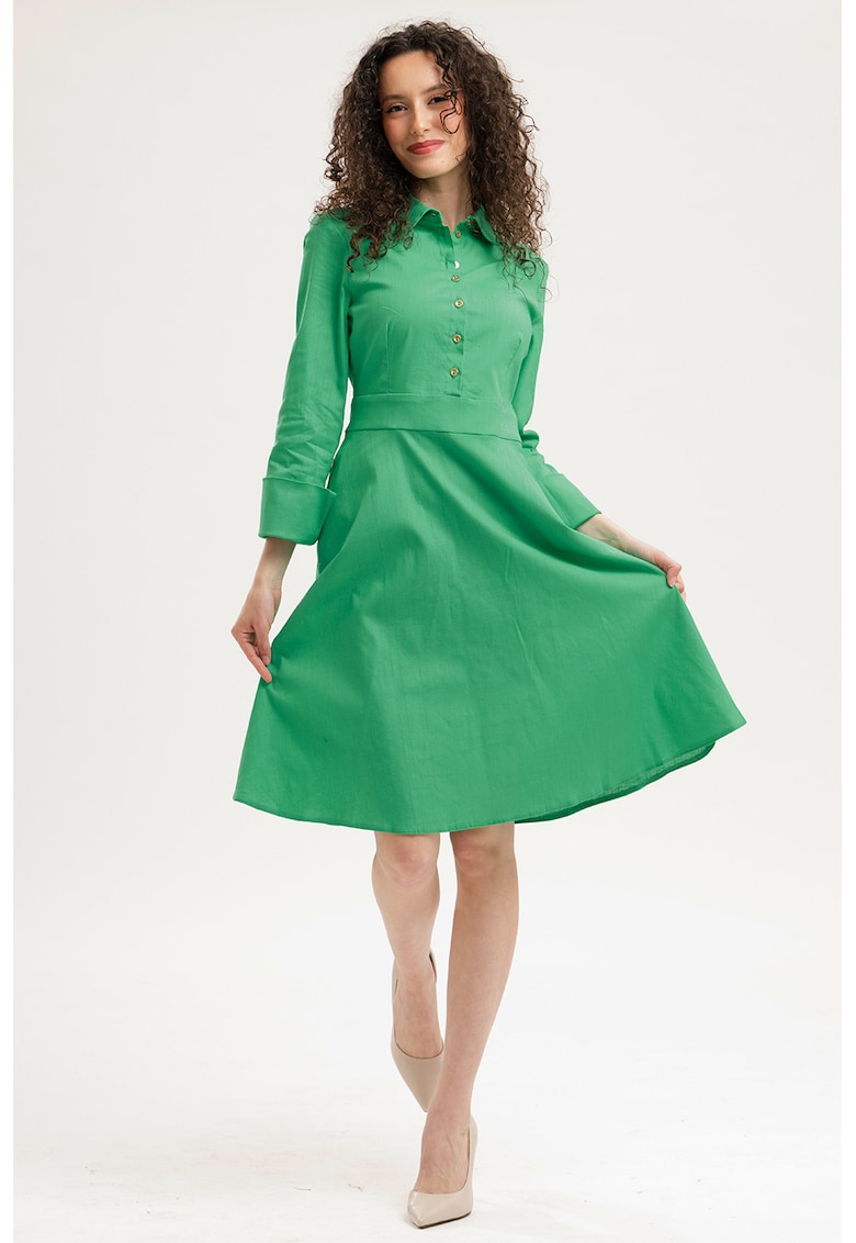 Rochie evazata cu fenta cu nasturi - Verde irlandez