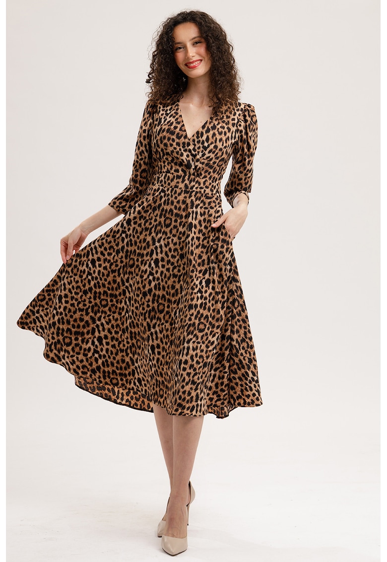 Rochie midi evazata cu model si buzunare - Maro inchis/Maro