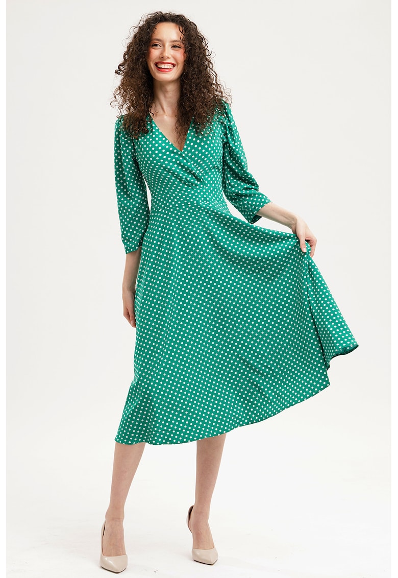 Rochie midi evazata cu model si buzunare - Alb/Verde persan