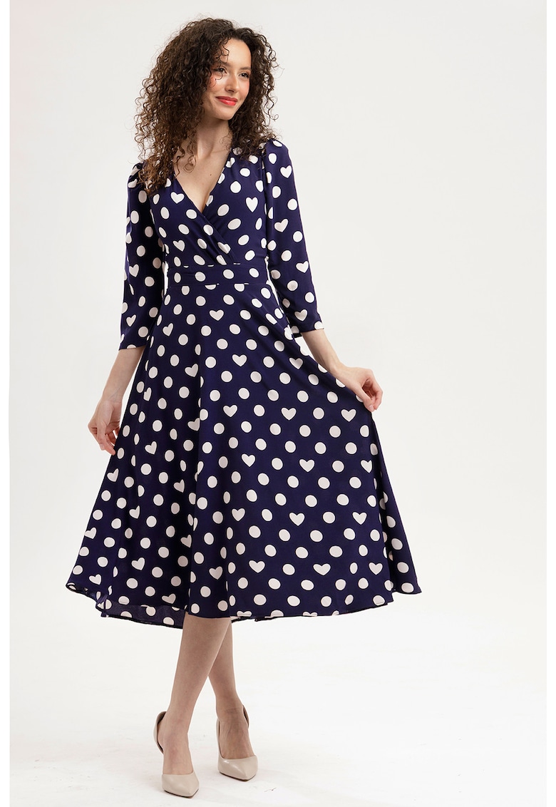 Rochie midi evazata cu model si buzunare - Alb/Albastru ultramarin