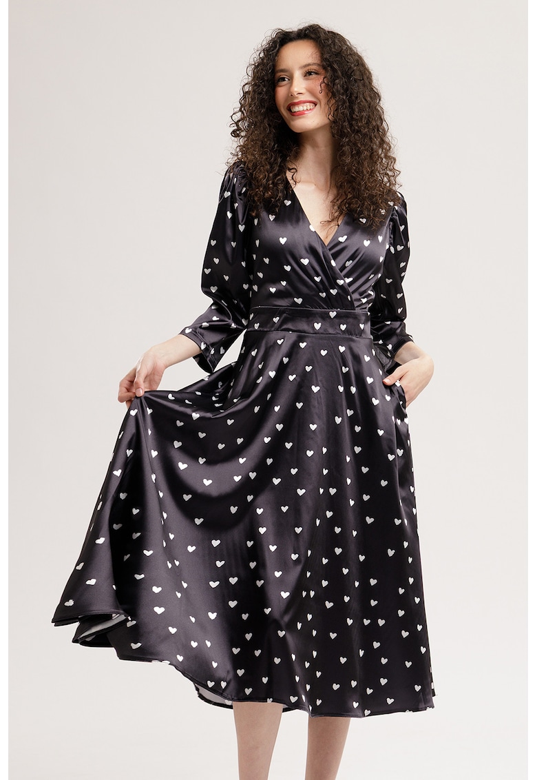 Rochie midi evazata cu model si buzunare - Alb/Negru stins