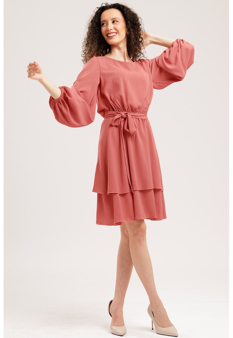 Rochie evazata de sifon cu maneci balloon - Rosu pastelat
