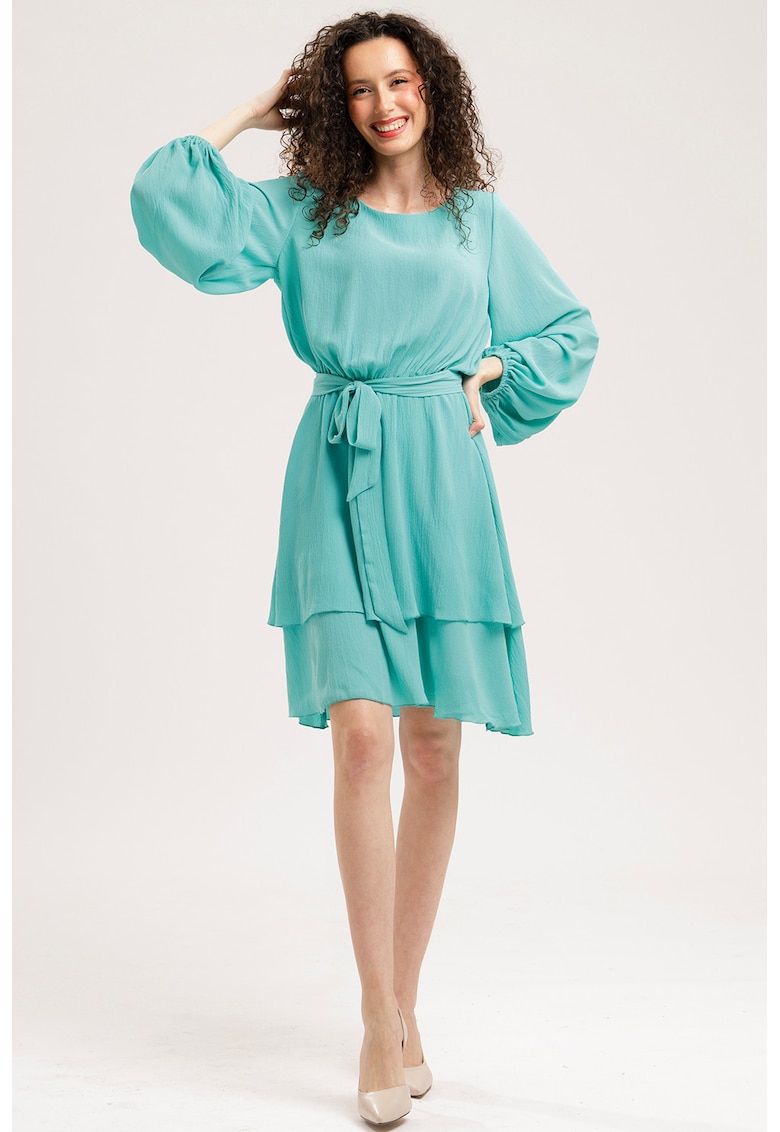 Rochie evazata de sifon cu maneci balloon - Turcoaz inchis