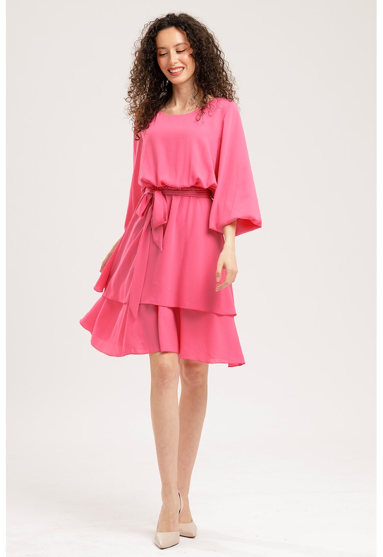 Rochie evazata de sifon cu maneci balloon - Roz