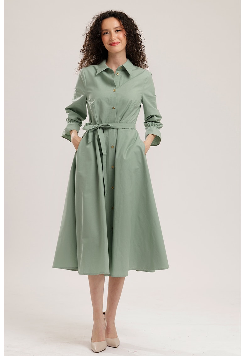 Rochie-camasa midi de bumbac - Verde fistic