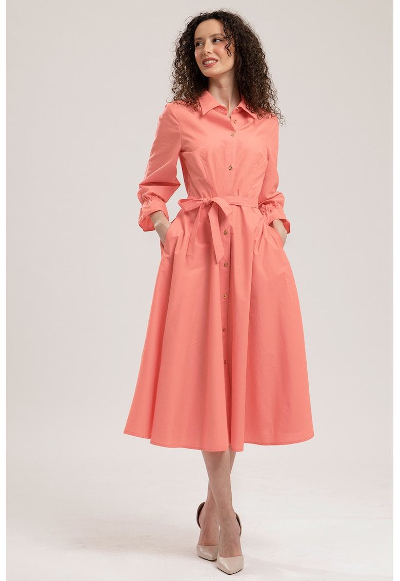 Rochie-camasa midi de bumbac - Rosu pastelat