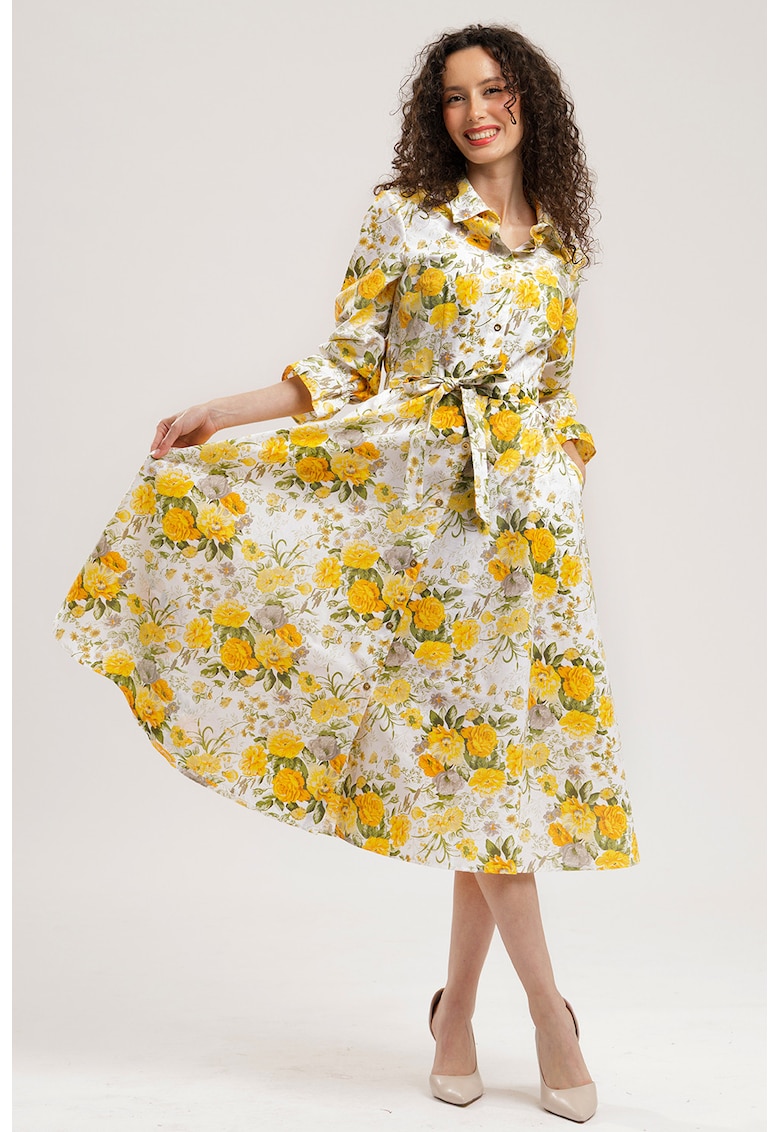 Rochie-camasa midi de bumbac - Alb/Galben mustar