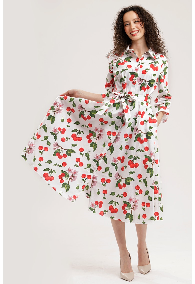 Rochie-camasa midi de bumbac - Rosu/Alb/Verde masliniu inchis