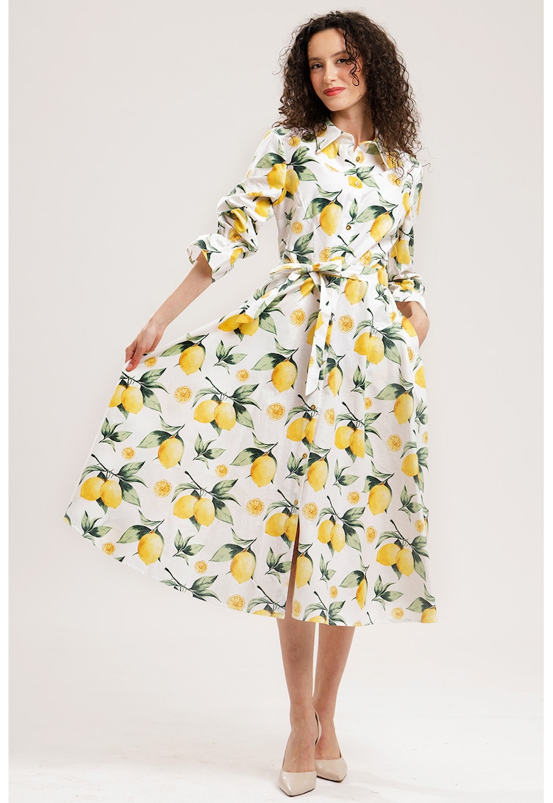 Rochie-camasa midi de bumbac - Alb/Galben deschis