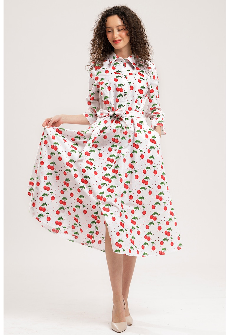 Rochie-camasa midi de bumbac - Rosu/Alb