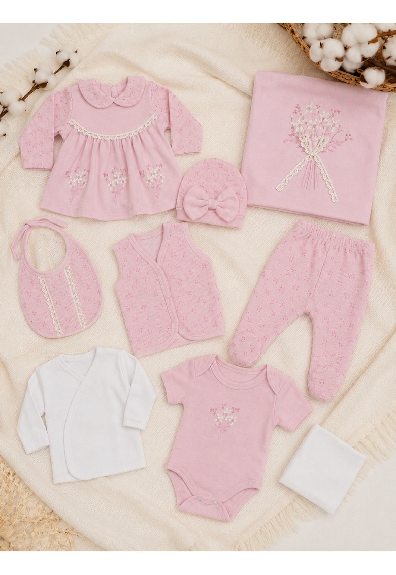 Set bebe fetita 10 piese roz din bumbac cu broderie florala si paturica