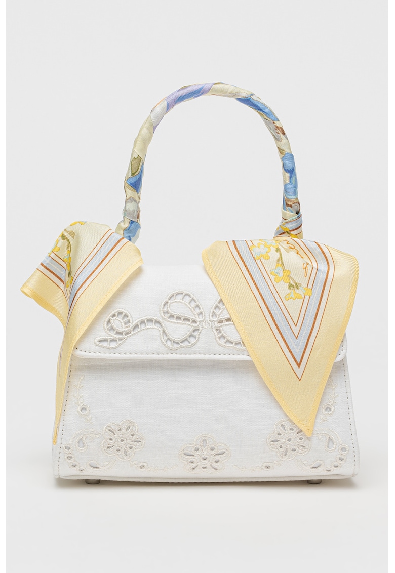 Geanta crossbody cu bareta de lant si broderie - Alb