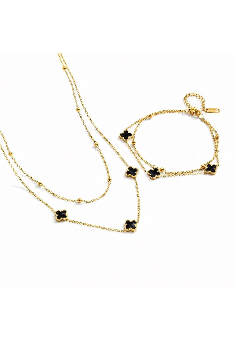 Set colier si bratara auriu - din otel inoxidabil - suflat cu aur 18k - cu trifoi negru - Velisse C2