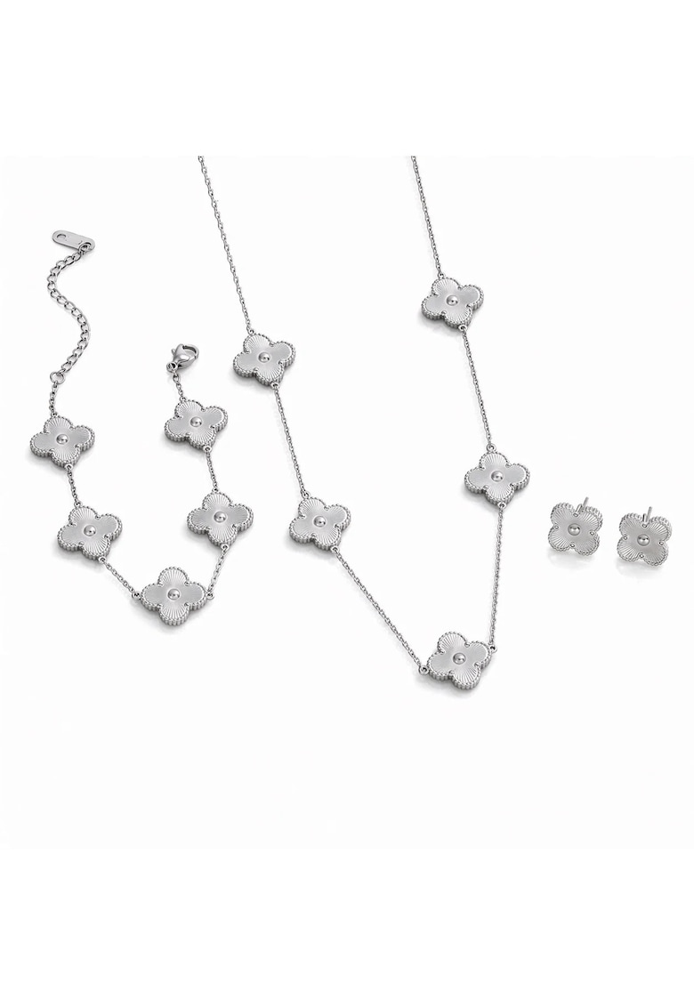 Set colier - cercei si bratara argintiu - din otel inoxidabil - suflat cu aur 18k - cu trifoi - Elyssa C5