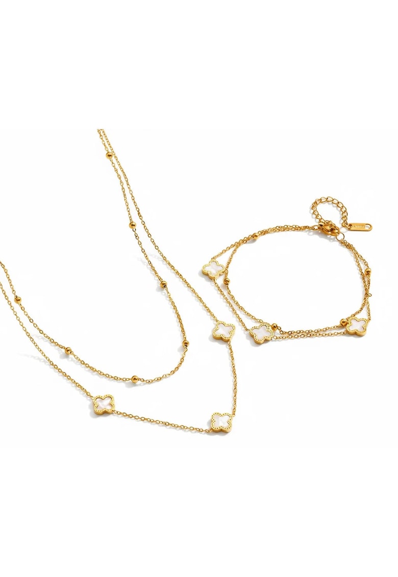 Set colier si bratara auriu - din otel inoxidabil - suflat cu aur 18k - cu trifoi alb - Marivra C2