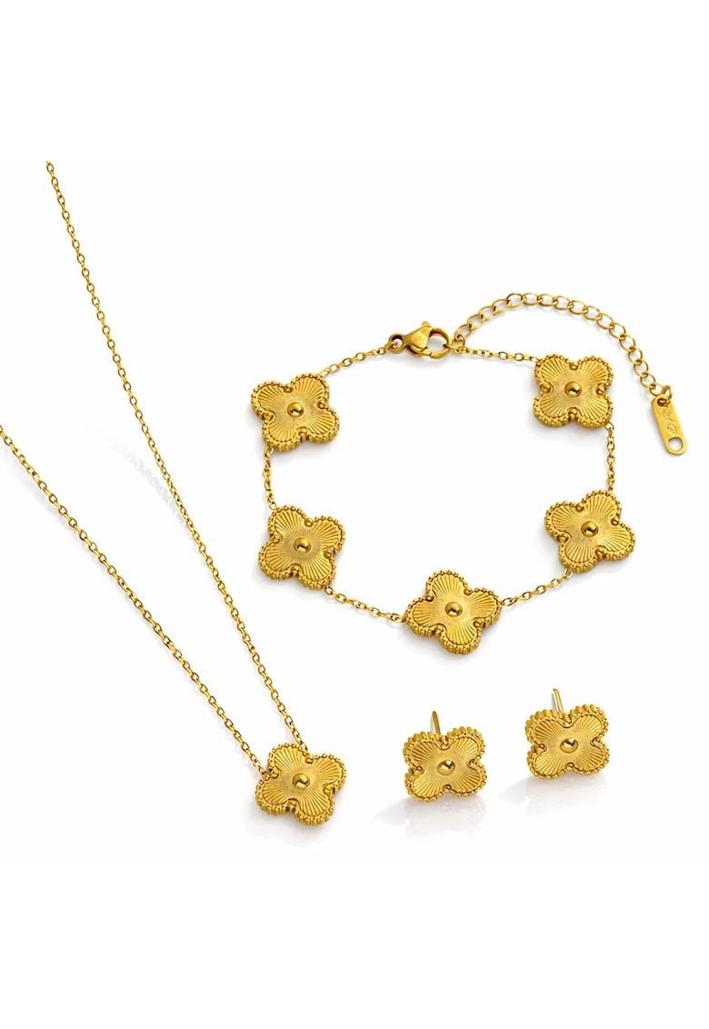 Set colier - cercei si bratara auriu - din otel inoxidabil - suflat cu aur 18k - cu trifoi - Navelle C2