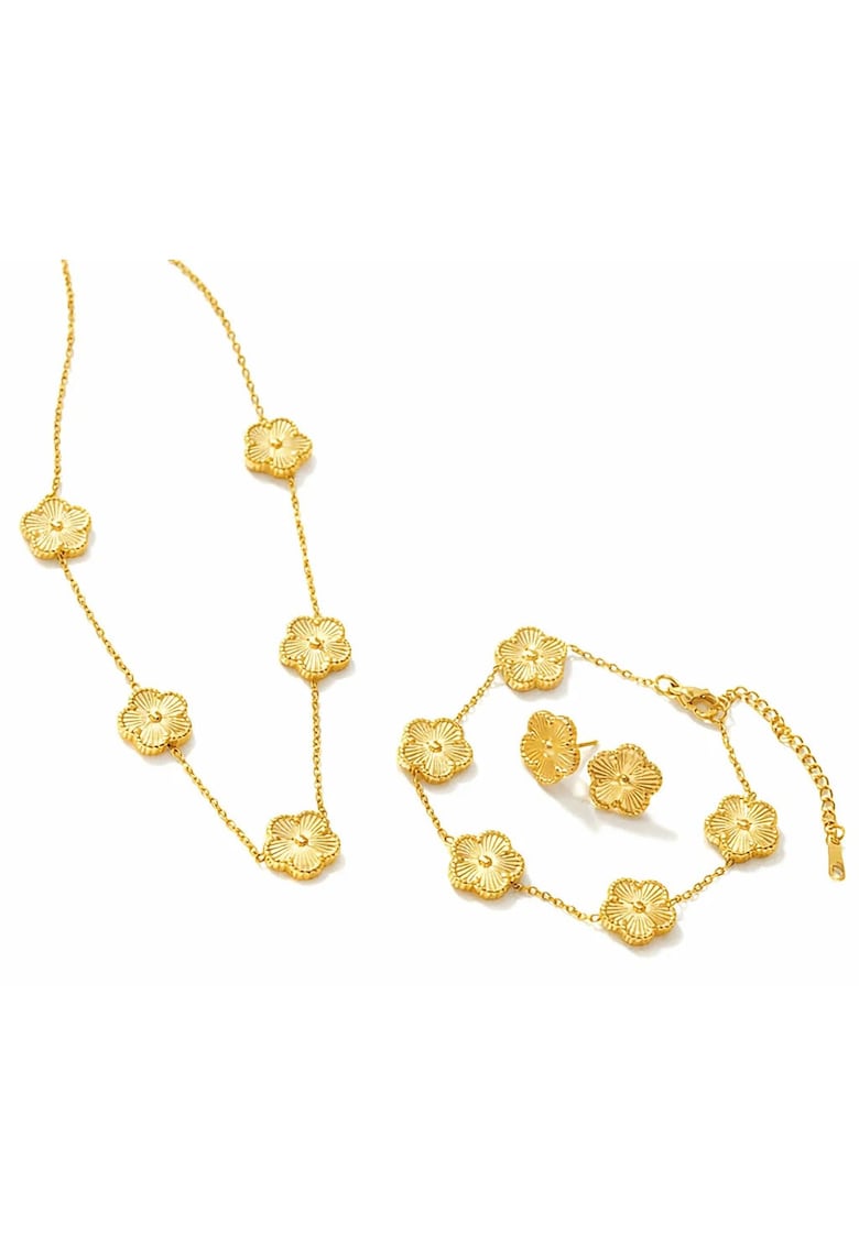 Set colier - cercei si bratara auriu - din otel inoxidabil - suflat cu aur 18k - cu trifoi - Olyssa C2