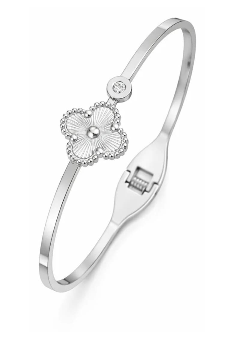 Bratara argintie - tip bangle - din otel inoxidabil - suflata cu aur 18k - cu zirconii si trifoi - Carivelle C6