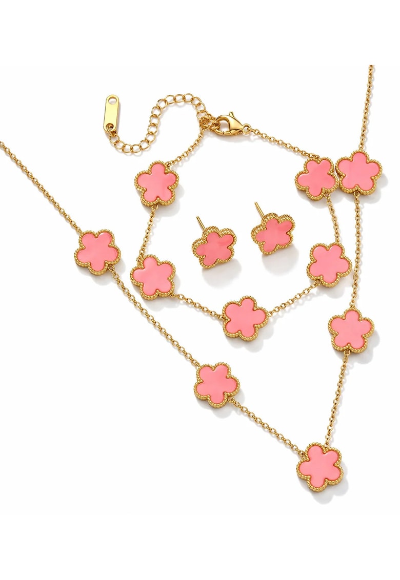 Set colier - bratara si cercei auriu - din otel inoxidabil - suflat cu aur 18k - cu trifoi - Marissea C2