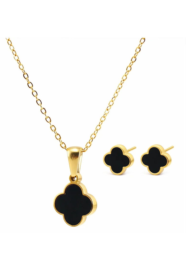 Set colier si cercei auriu - din otel inoxidabil - suflat cu aur 18k - cu trifoi - Velina C2