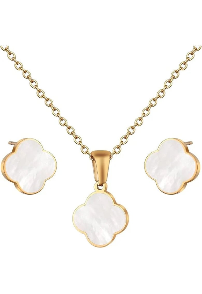 Set colier si cercei auriu - din otel inoxidabil - suflat cu aur 18k - cu trifoi - Olymira C1