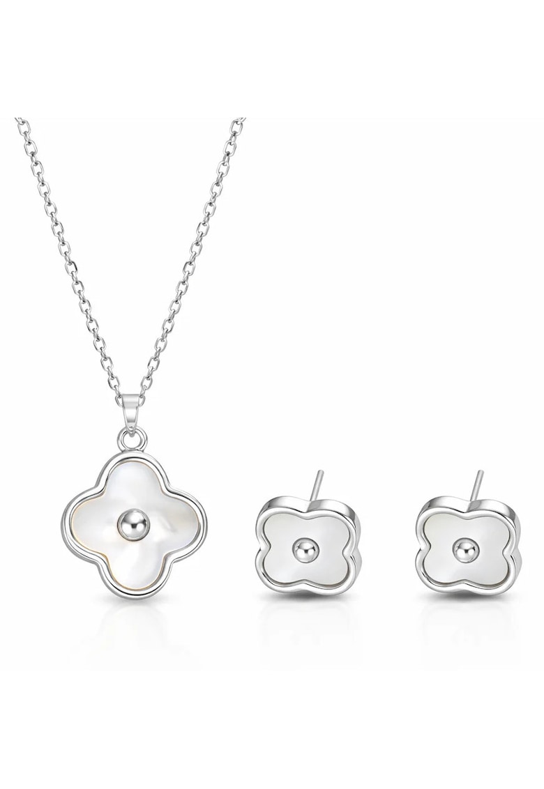Set colier si cercei argintiu - din otel inoxidabil - suflat cu aur 18k - cu trifoi - Loryna C1