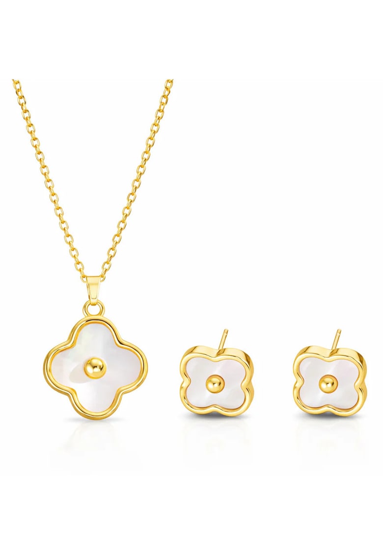 Set colier si cercei auriu - din otel inoxidabil - suflat cu aur 18k - cu trifoi - Veloura C1
