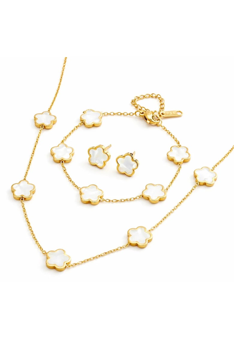Set colier - cercei si bratara auriu - din otel inoxidabil - suflat cu aur 18k - cu trifoi - Alissea C1