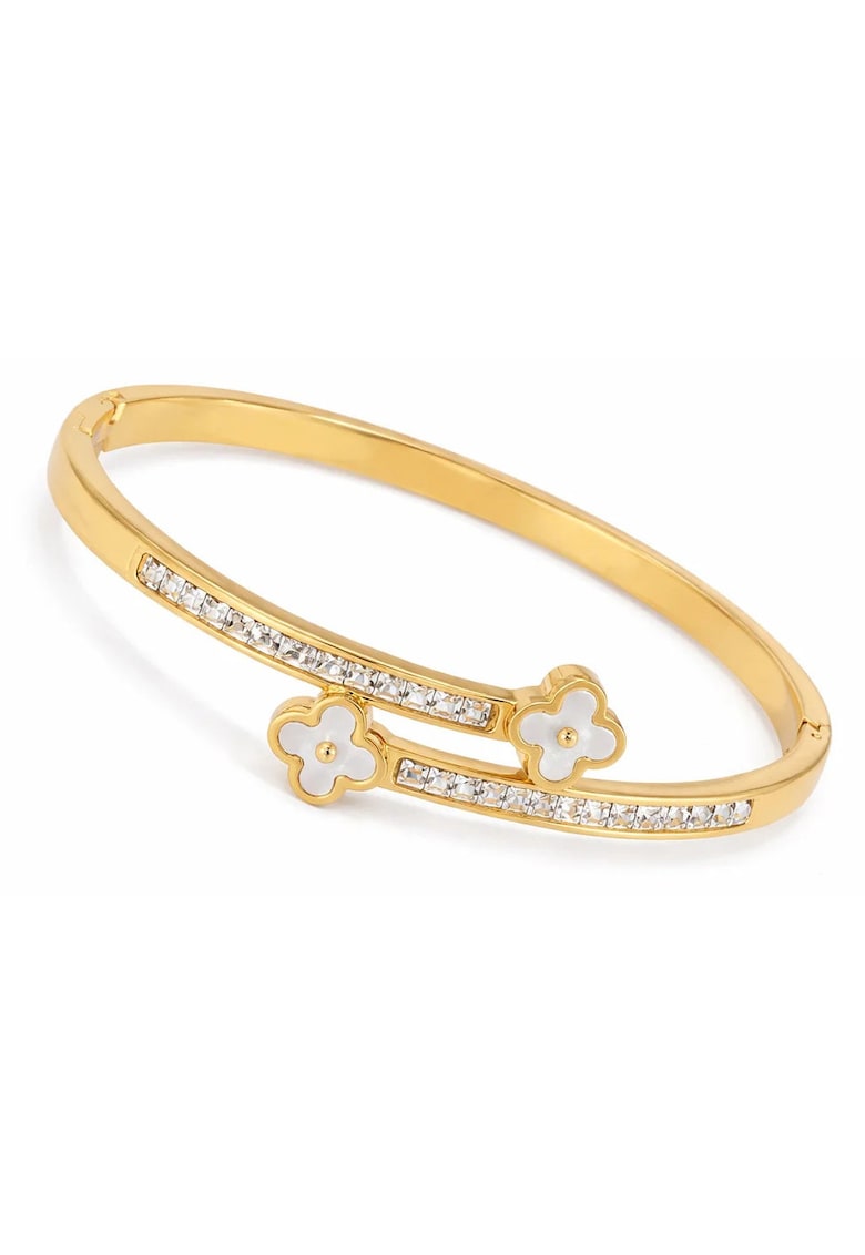 Bratara aurie - tip bangle - din otel inoxidabil - suflata cu aur 18k - cu zirconii si trifoi - Norivelle C6