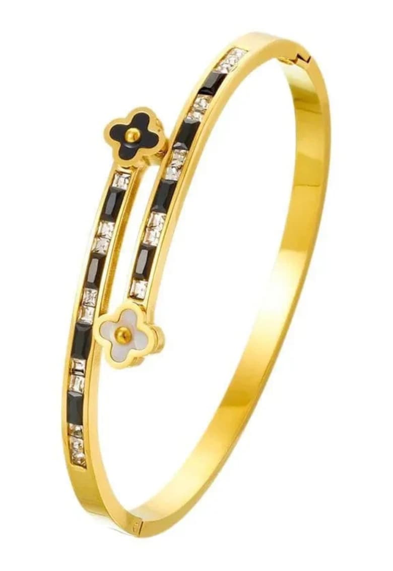 Bratara aurie - tip bangle - din otel inoxidabil - suflata cu aur 18k - cu zirconii si trifoi - Ismera C2