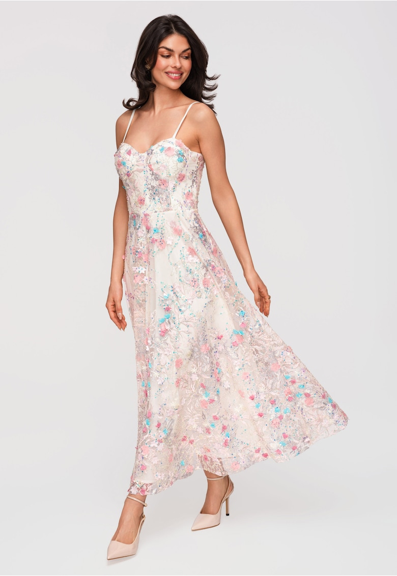 Rochie midi evazata cu detalii din dantela - Ecru