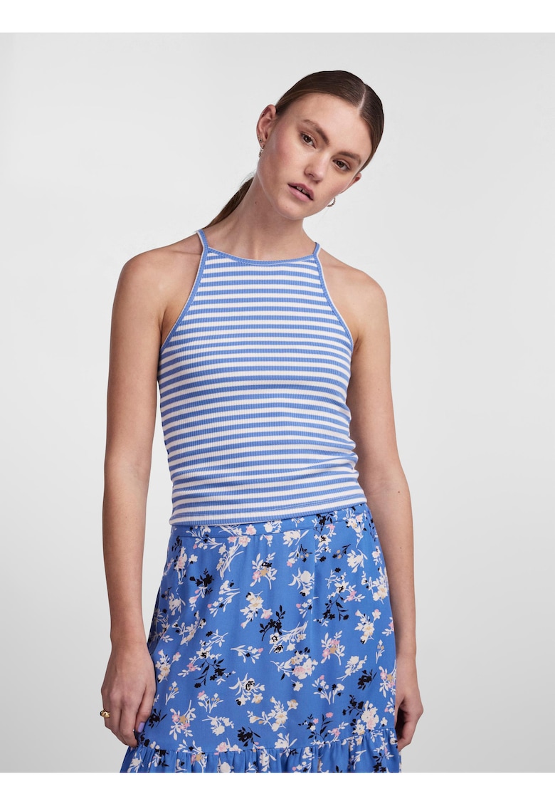 Top slim fit cu model in dungi si decolteu patrat -