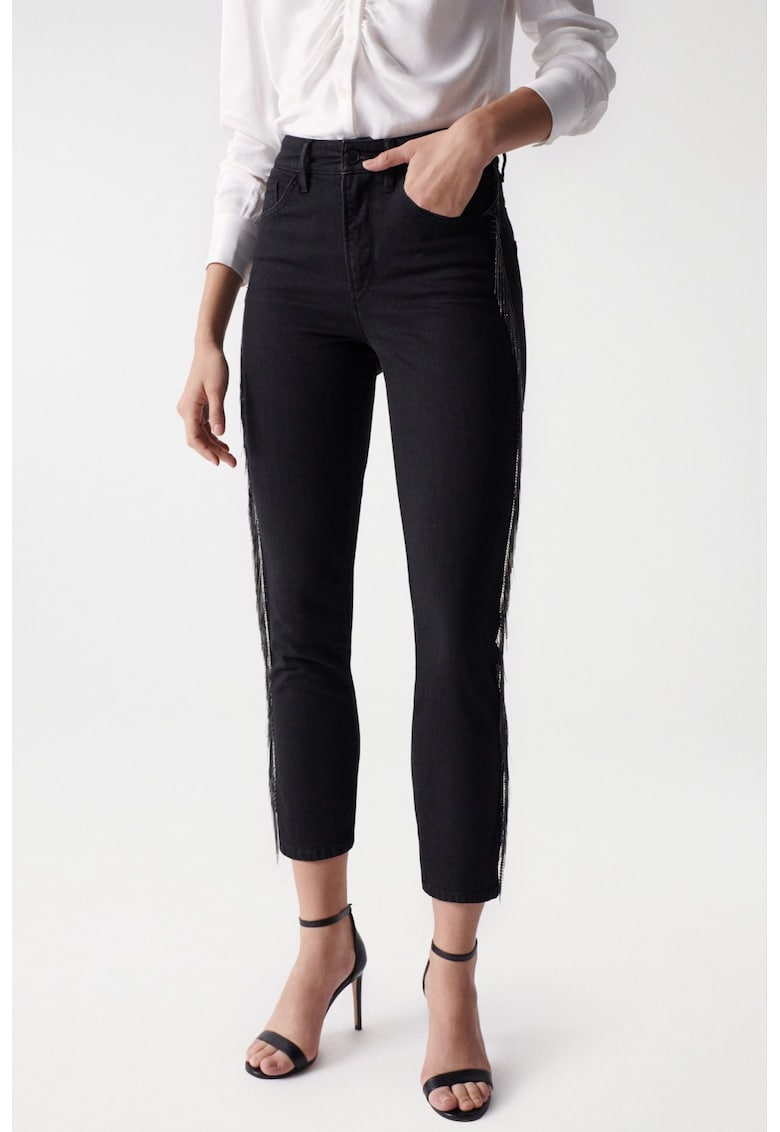 Blugi skinny cu franjuri laterale decorative