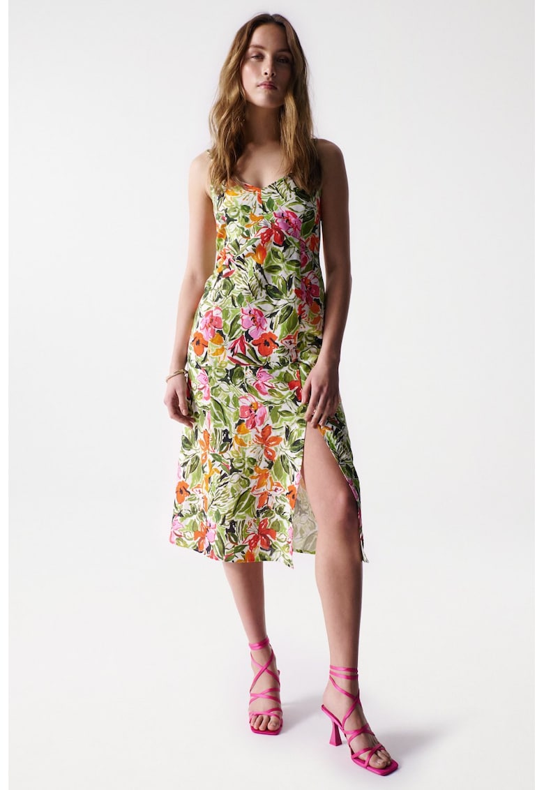Rochie din amestec de in cu crapatura pe picior si model floral