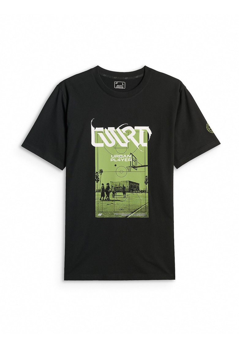 Tricou barbati regular - imprimeu - negru - bumbac