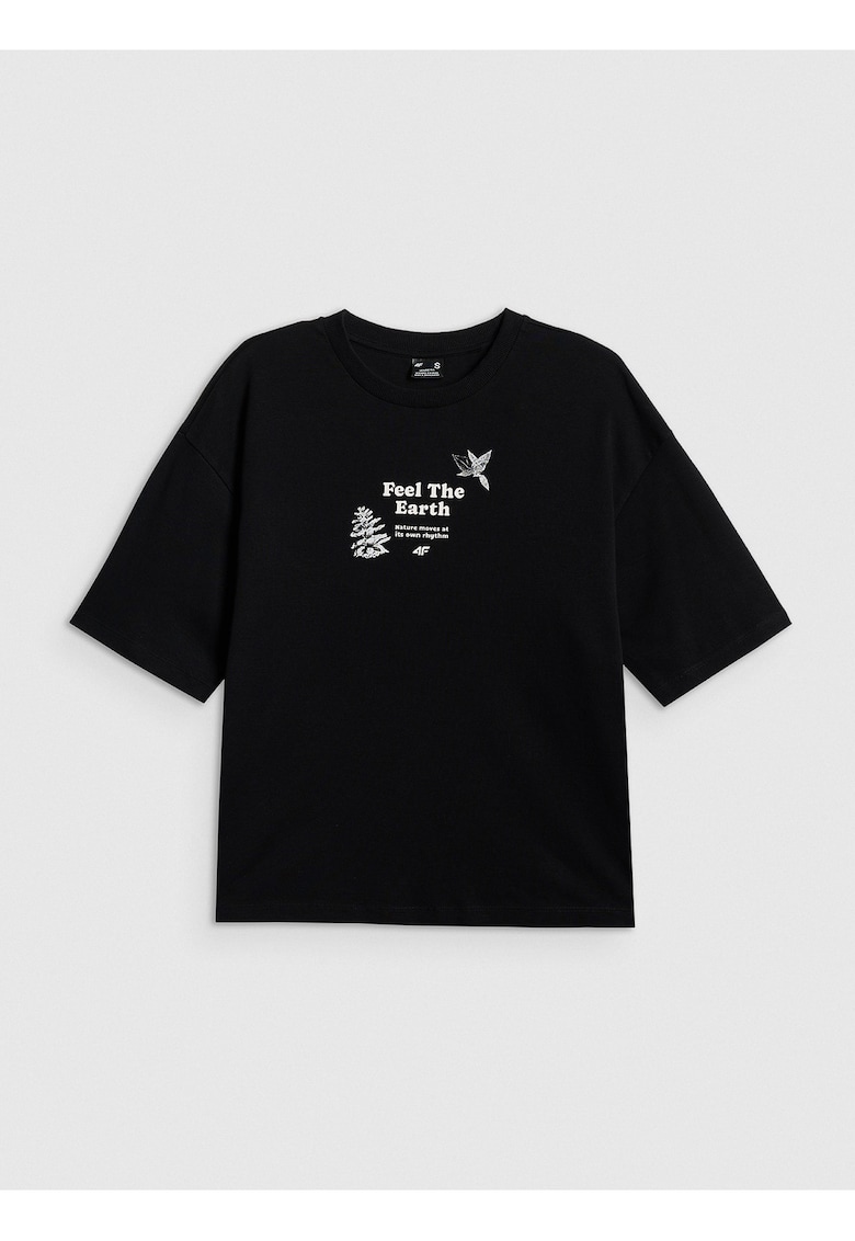 Tricou dama regular - imprimeu grafic - negru - tricotaj dens - bumbac