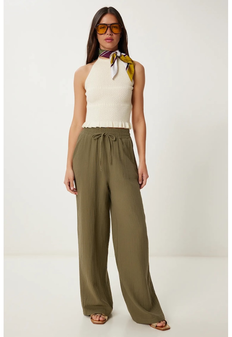 Pantaloni dama - Happiness Istanbul - talie cu snur - picior larg - verde - bumbac