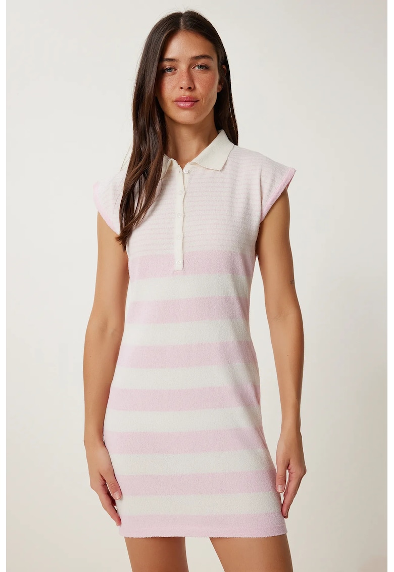 Rochie mini - Happiness Istanbul - bodycon - dungi - Roz Garoafa - bumbac/poliester -