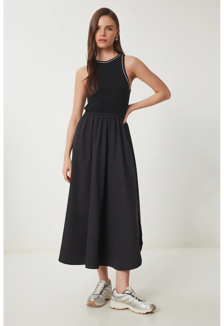 Rochie maxi - Happiness Istanbul - A-line - fara maneci - neagra - bumbac cu elastan
